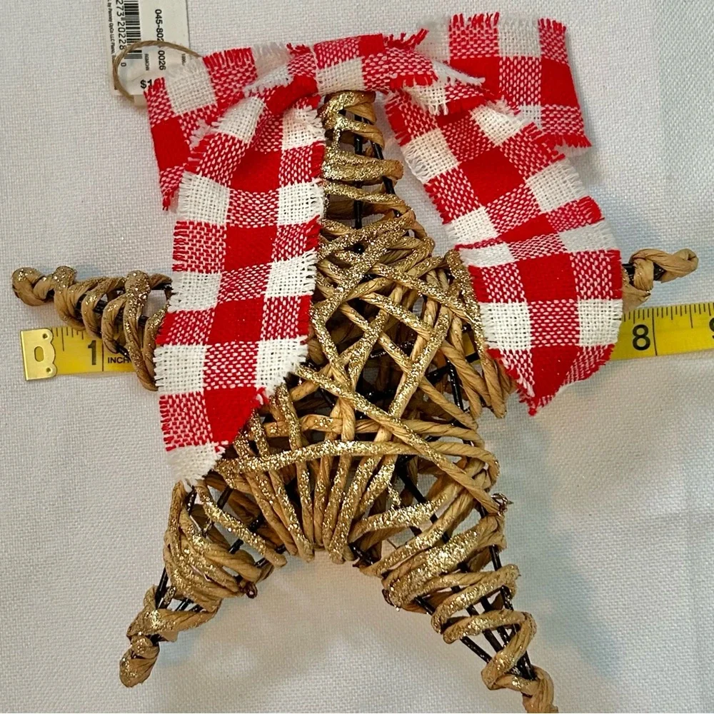 Six Large North Pole Metal & Wicker Star Ornaments Checker Bows 8.5” x 8.5” NWT
